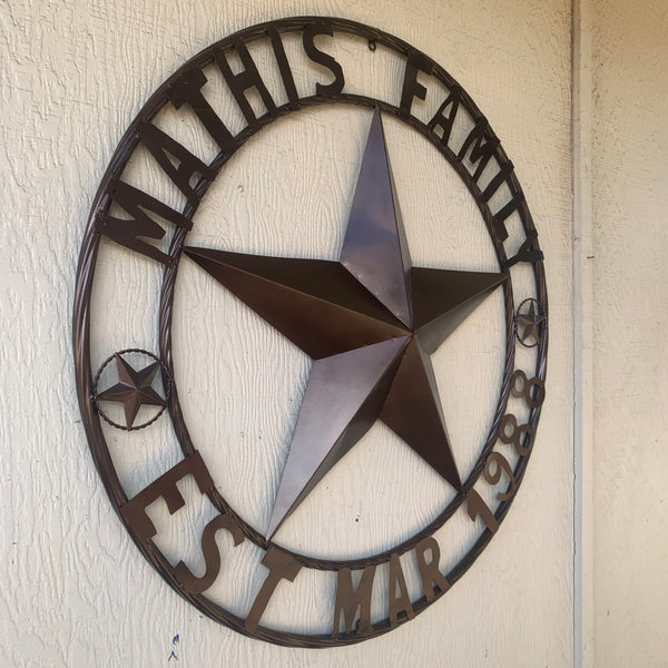 MATHIS STYLE CUSTOM NAME STAR BARN STAR 3d METAL LONESTAR TWISTED ROPE RING WESTERN HOME DECOR RUSTIC BRONZE COPPER HANDMADE 24",32",36",50"