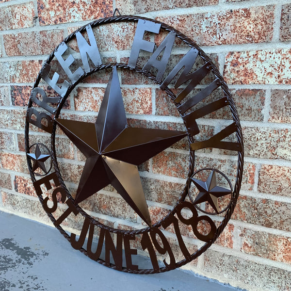 BREEN FAMILY STYLE CUSTOM NAME STAR BARN METAL STAR 3d TWISTED ROPE RING WESTERN HOME DECOR RUSTIC BROWN HANDMADE 24",32",36",50"