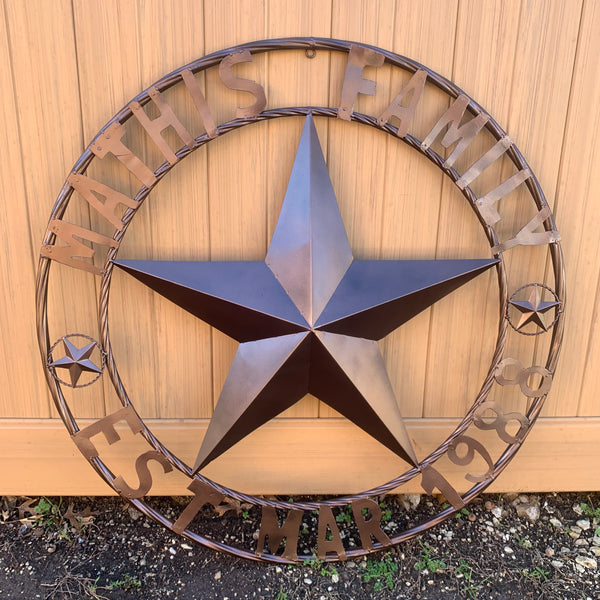 MATHIS STYLE CUSTOM NAME STAR BARN STAR 3d METAL LONESTAR TWISTED ROPE RING WESTERN HOME DECOR RUSTIC BRONZE COPPER HANDMADE 24",32",36",50"