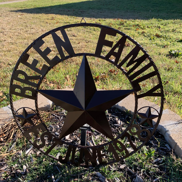 BREEN FAMILY STYLE CUSTOM NAME STAR BARN METAL STAR 3d TWISTED ROPE RING WESTERN HOME DECOR RUSTIC BROWN HANDMADE 24",32",36",50"