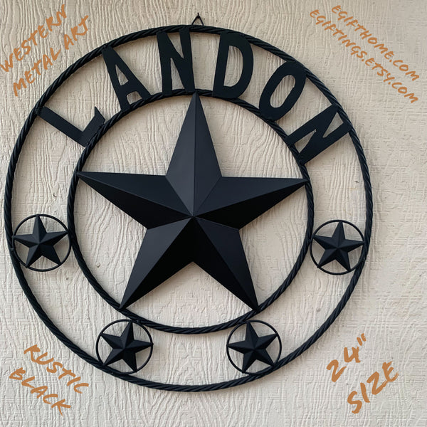 LANDON STYLE CUSTOM NAME STAR BARN METAL STAR 3d TWISTED ROPE RING WESTERN HOME DECOR RUSTIC BLACK HANDMADE 24",32",36",50"