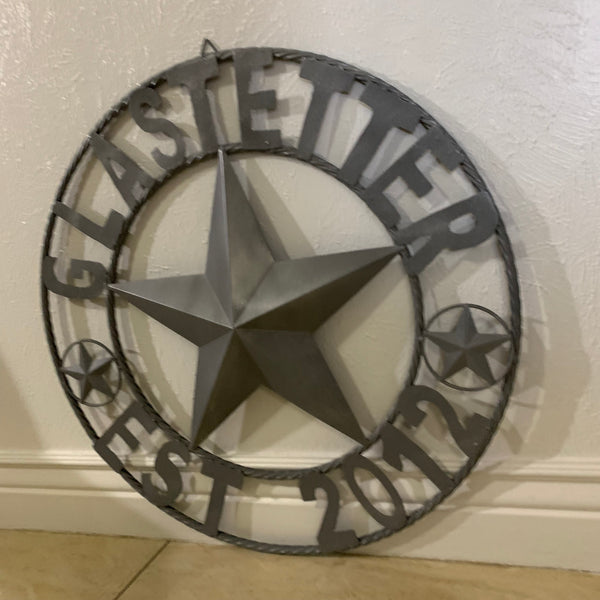GLASTETTER STYLE YOUR CUSTOM NAME BARN STAR 3d METAL LONE STAR TWISTED ROPE RING WESTERN HOME DECOR RUSTIC GREY HANDMADE 24",32",36",50"