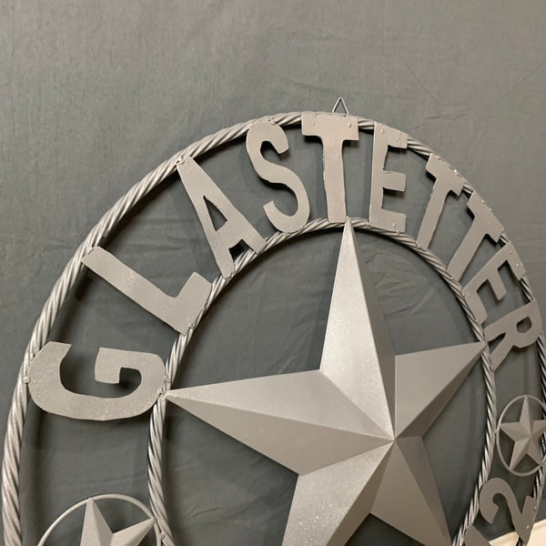 GLASTETTER STYLE YOUR CUSTOM NAME BARN STAR 3d METAL LONE STAR TWISTED ROPE RING WESTERN HOME DECOR RUSTIC GREY HANDMADE 24",32",36",50"