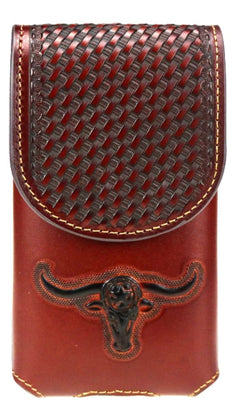 #MW_RLP-005  7" LONGHORNS LEATHER POUCH BROWN EXTRA LARGE  BELT LOOP CELL PHONE CASE UNIVERSAL OVERSIZE--FREE SHIPPING