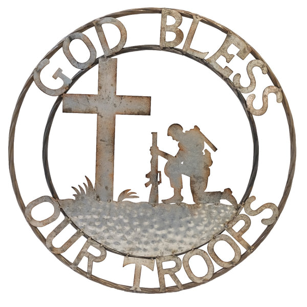 #DE22280 GOD BLESS OUR TROOPS 24" PRAYING SOLDIER GALVANIZED MILITARY METAL WALL ART WESTERN HOME NEW BRAND NEW