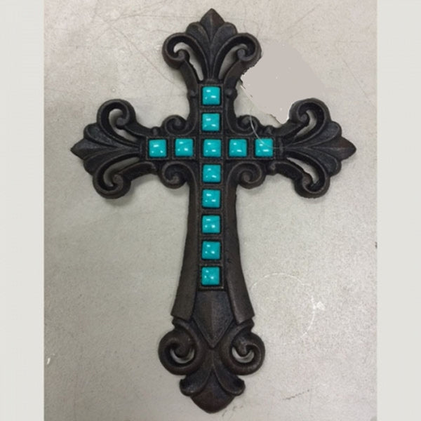 Turquoise Fleur De Lis Cross Cast Iron Decorative Wall Cross Rustic Brown Decor #56367-T