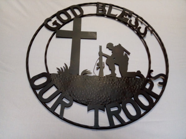 GOD BLESS OUR TROOPS 24",32" PRAYING COWBOY CHURCH SOLDIER MILITARY PATRIOTIC METAL SIGN WESTERN HOME DECOR NEW #SI_F142002