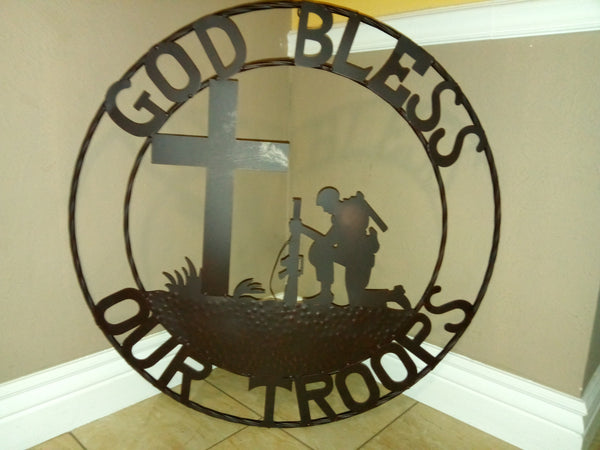 GOD BLESS OUR TROOPS 24",32" PRAYING COWBOY CHURCH SOLDIER MILITARY PATRIOTIC METAL SIGN WESTERN HOME DECOR NEW #SI_F142002