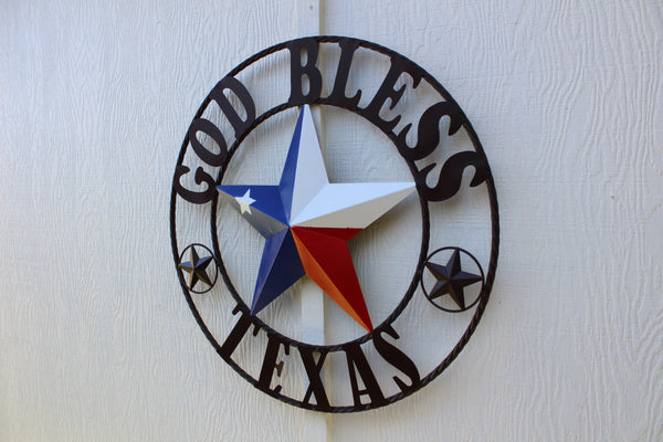 #EH11482 GOD BLESS TEXAS RED WHITE & BLUE TEXAS FLAG STYLE BARN METAL STAR BLACK TWISTED ROPE RING WESTERN HOME DECOR HANDMADE NEW