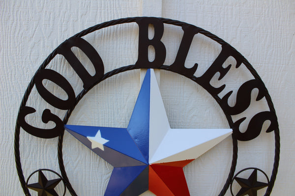 #EH11482 GOD BLESS TEXAS RED WHITE & BLUE TEXAS FLAG STYLE BARN METAL STAR BLACK TWISTED ROPE RING WESTERN HOME DECOR HANDMADE NEW