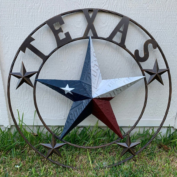 #EH10350 TEXAS LICENSE PLATE BARN STAR METAL LONE STAR TWISTED BROWN RING WESTERN HOME DECOR HANDMADE NEW