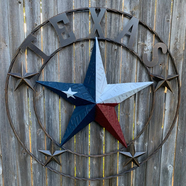 #EH10350 TEXAS LICENSE PLATE BARN STAR METAL LONE STAR TWISTED BROWN RING WESTERN HOME DECOR HANDMADE NEW
