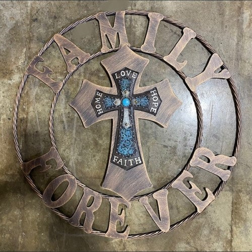 #SI_XF_R0066 FAMILY FOREVER CROSS 24" METAL & RESIN WALL DECOR WESTERN HOME DECOR NEW