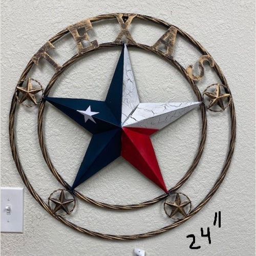 #XL2141 TEXAS STAR TWISTED ROPE RING RED WHITE BLUE METAL STAR WESTERN HOME DECOR HANDMADE NEW
