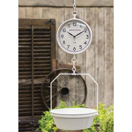 WHITE VINTAGE HANGING SCALE W/CLOCK METAL ART WESTERN HOME DECOR NEW #EH12154
