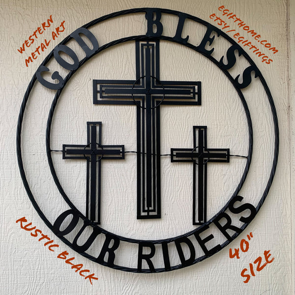 40"GOD BLESS OUR RIDERS CRUCIFIX BLACK CROSS METAL WALL ART HANDMADE