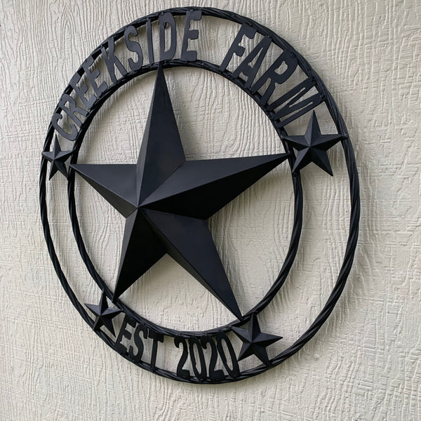 CREEKSIDE FARM STYLE YOUR CUSTOM NAME BARN BLACK STAR 3d WITH TWISTED ROPE RING DESIGN METAL WALL ART WESTERN HOME DECOR NEW HANDMADE, 24", 32", 36", 40", 44", 46", 50"