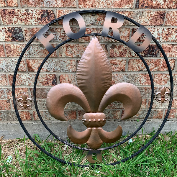 FORD STYLE YOUR CUSTOM NAME FLEUR DE LIS METAL TWISTED ROPE RING SIGN WALL ART WESTERN HOME DECOR HANDMADE 24", 32", 36"
