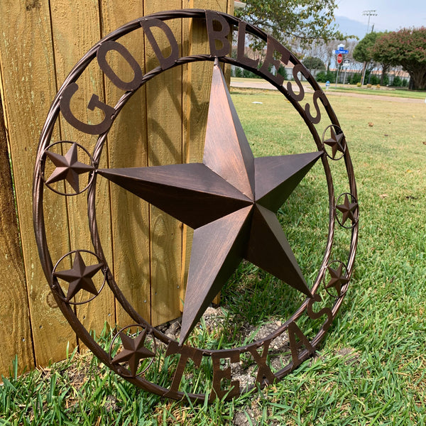 #EH11107-24" GOD BLESS TEXAS BARN LONE STAR WITH 3 SMALL STARS TWISTED RING WESTERN HOME DECOR RUSTIC BRONZE COPPER HANDMADE NEW