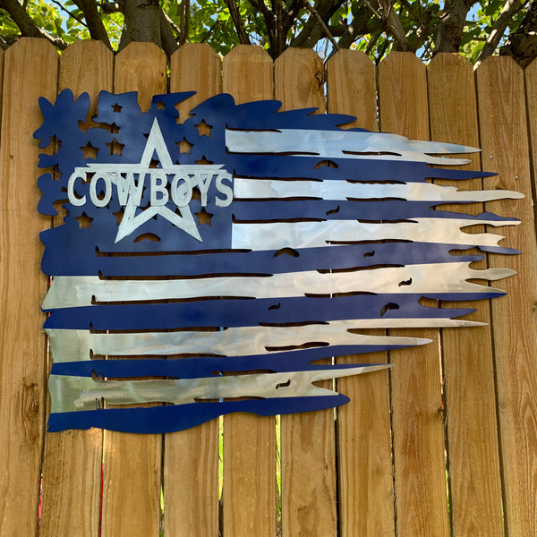 DALLAS COWBOYS METAL TATTERED FLAG BRIGHT BLUE & SILVER CUSTOM VINTAGE CRAFT TEAM SIGN HANDMADE