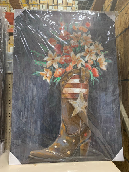 RA0303  28"x40" BROWN STAR BOOT FLOWER CANVAS PAINTING PICTURE WESTERN COUNTRY HOME DECOR HANDMADE