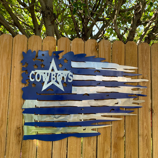 DALLAS COWBOYS METAL TATTERED FLAG BRIGHT BLUE & SILVER CUSTOM VINTAGE CRAFT TEAM SIGN HANDMADE