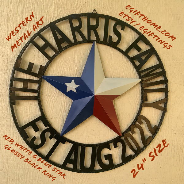 HARRIS STYLE YOUR CUSTOM NAME STAR METAL BARN 3d RED WHITE BLUE WITH TWISTED ROPE RING DESIGN METAL WALL ART WESTERN HOME DECOR VINTAGE RUSTIC NEW HANDMADE, 24",32",34",36",40",42",44", 46",48",50"