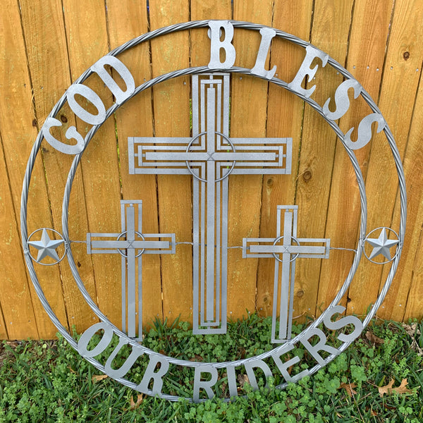 40"GOD BLESS OUR RIDERS CRUCIFIX GREY CROSS METAL WALL ART HANDMADE