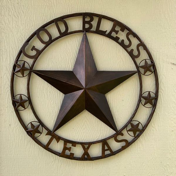 #EH11107-24" GOD BLESS TEXAS BARN LONE STAR WITH 3 SMALL STARS TWISTED RING WESTERN HOME DECOR RUSTIC BRONZE COPPER HANDMADE NEW