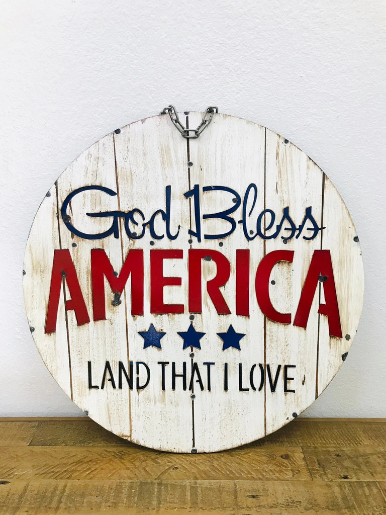 #36-326 23" GOD BLESS AMERICA METAL SIGN DISC WALL ART WESTERN HOME DECOR BRAND NEW HANDMADE