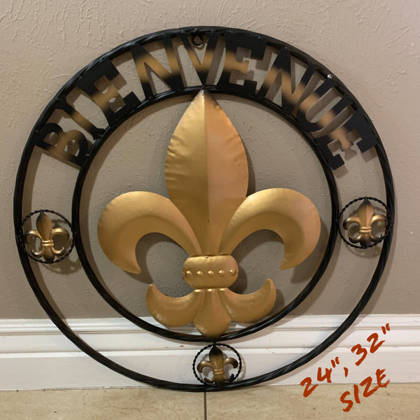 BIENVENUE FLEUR DE LIS METAL WALL ART WESTERN HOME DECOR RUSTIC GOLD & BLACK NEW--FREE SHIPPING