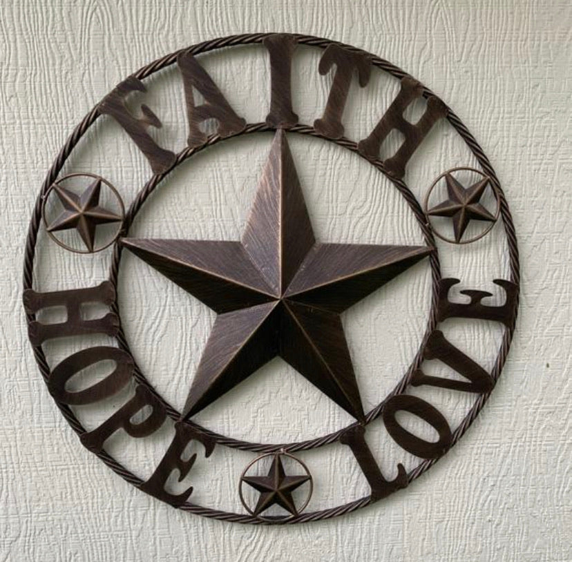 FAITH HOPE LOVE METAL BARN STAR WESTERN HOME DECOR BRONZE NEW