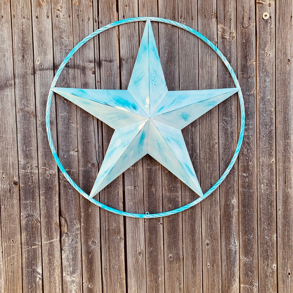 #EH11219 TURQUOISE WHITE DISTRESSED STAR TWO TONE TEXTURE BARN STAR METAL LONESTAR TWISTED ROPE RING WESTERN HOME DECOR HANDMADE NEW