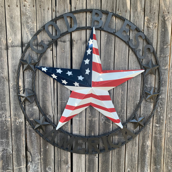 GOD BLESS AMERICA USA FLAG 3d STAR METAL BARN STAR LONE STAR TWISTED ROPE RING WALL ART WESTERN HOME DECOR RED WHITE & BLUE HANDMADE NEW #EH10490