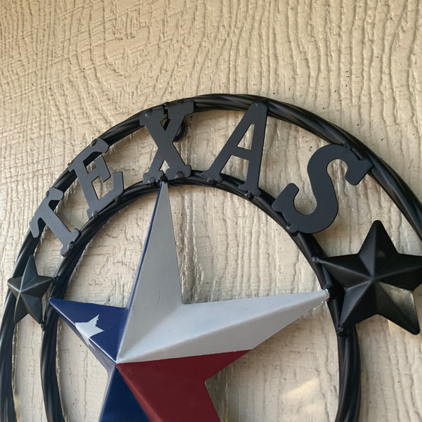 TEXAS FLAG STAR RED WHT BLUE STAR & BLACK RING METAL BARN LONE STAR WESTERN HOME DECOR HANDMADE NEW 12",18",24",36",50"