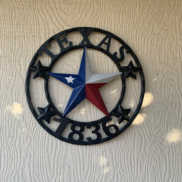 TEXAS FLAG STAR RED WHT BLUE STAR & BLACK RING METAL BARN LONE STAR WESTERN HOME DECOR HANDMADE NEW 12",18",24",36",50"