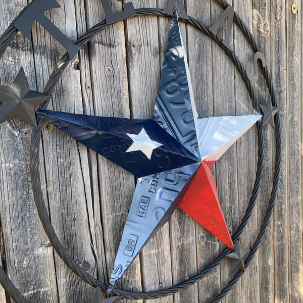 TEXAS LICENSE PLATE BARN STAR METAL LONE STAR TWISTED BLACK RING & LETTERS WESTERN HOME DECOR HANDMADE NEW