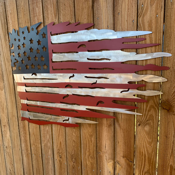 USA TATTERED AMERICAN FLAG METAL WALL ART WESTERN HOME DECOR HANDMADE NEW