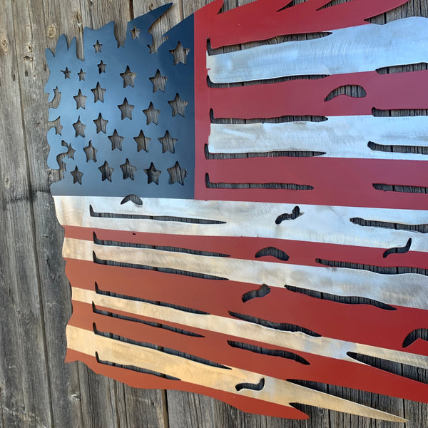 USA TATTERED AMERICAN FLAG METAL WALL ART WESTERN HOME DECOR HANDMADE NEW