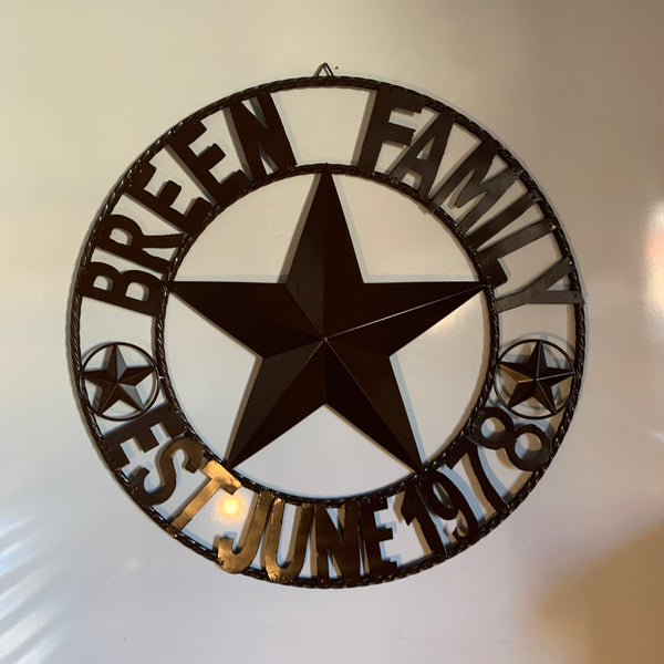 BREEN FAMILY STYLE CUSTOM NAME STAR BARN METAL STAR 3d TWISTED ROPE RING WESTERN HOME DECOR RUSTIC BROWN HANDMADE 24",32",36",50"