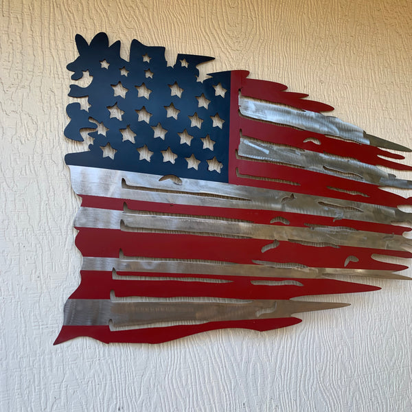 USA TATTERED AMERICAN FLAG METAL WALL ART WESTERN HOME DECOR HANDMADE NEW