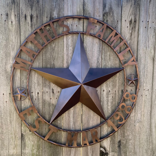 MATHIS STYLE CUSTOM STAR NAME BARN STAR METAL 3d STAR TWISTED ROPE RING WESTERN HOME DECOR RUSTIC BRONZE HANDMADE 24",32",36",50"