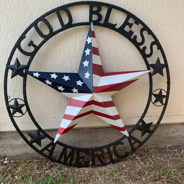 GOD BLESS AMERICA USA FLAG 3d STAR METAL BARN STAR LONE STAR TWISTED ROPE RING WALL ART WESTERN HOME DECOR RED WHITE & BLUE HANDMADE NEW #EH10490