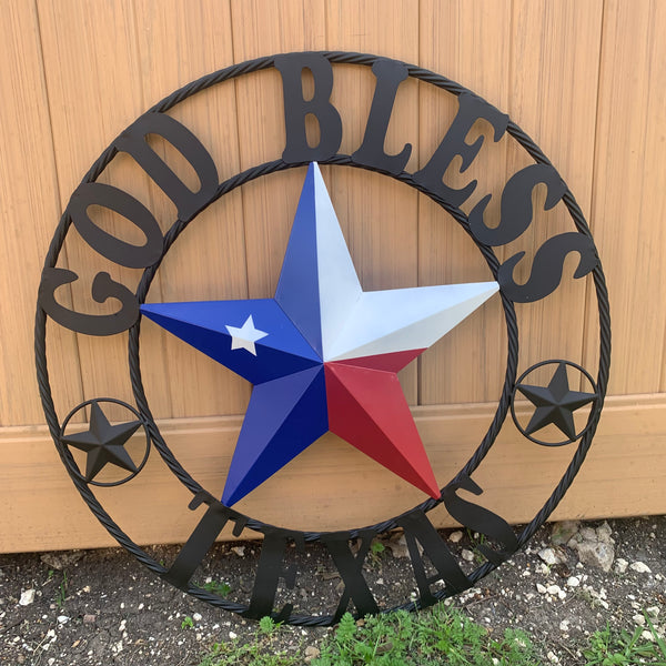 GOD BLESS TEXAS RED WHITE BLUE BARN METAL STAR BRONZE TWISTED ROPE RING WALL ART WESTERN HOME DECOR HANDMADE