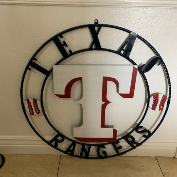 TEXAS RANGERS CUSTOM METAL VINTAGE CRAFT TEAM SIGN WHITE & RED & NAVY BLUE RING HANDMADE