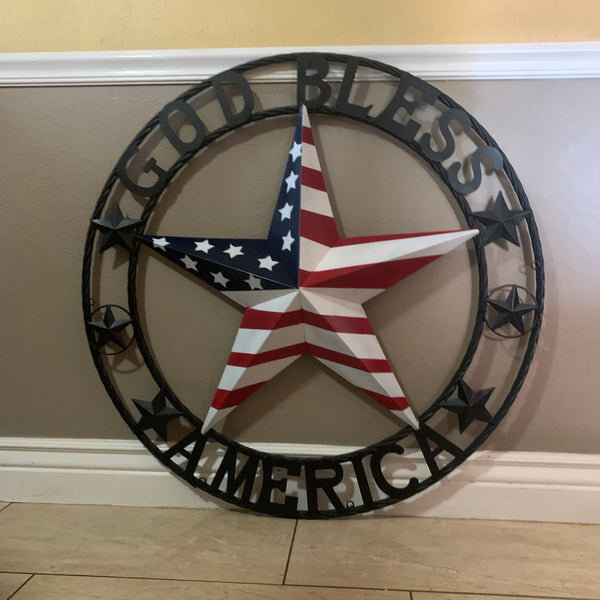 GOD BLESS AMERICA USA FLAG 3d STAR METAL BARN STAR LONE STAR TWISTED ROPE RING WALL ART WESTERN HOME DECOR RED WHITE & BLUE HANDMADE NEW #EH10490