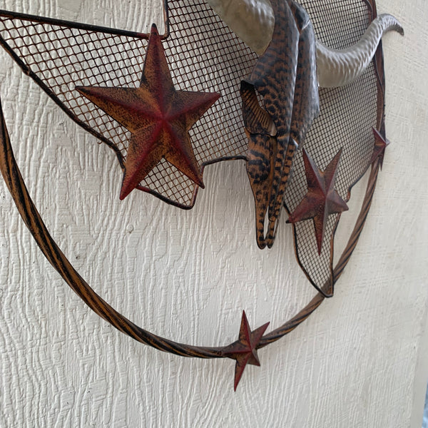 24" LONGHORNS & STARS METAL WALL ART SCULPTURE WESTERN HOME DECOR HANDMADE NEW