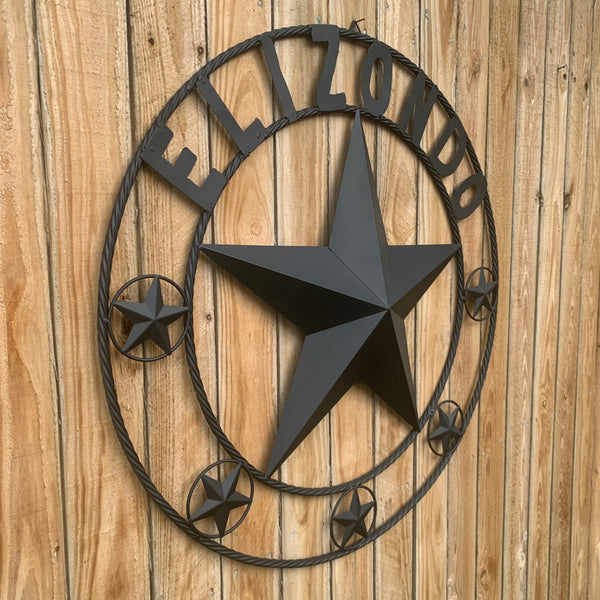 ELIZONDO STYLE CUSTOM NAME STAR BARN METAL STAR 3d TWISTED ROPE RING WESTERN HOME DECOR RUSTIC BLACK HANDMADE 24",32",36",50"
