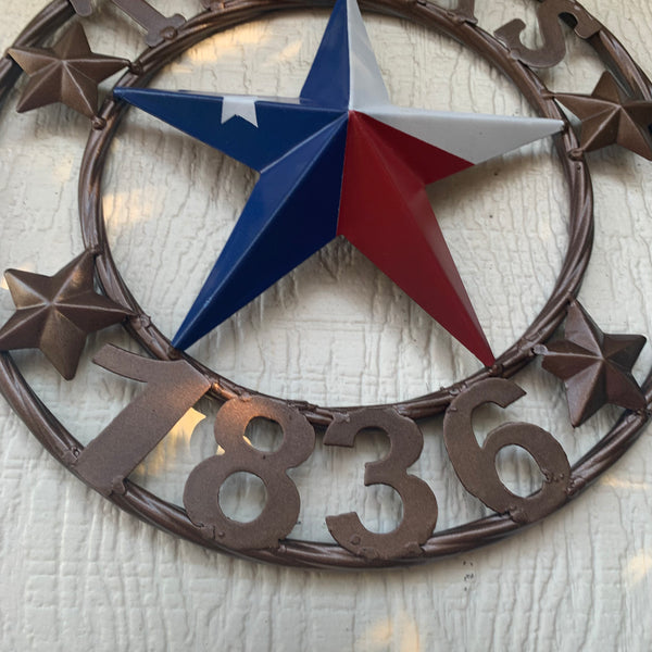 TEXAS FLAG STAR RED WHT BLUE STAR & BRONZE COPPER RING 1836 TEXAS METAL BARN LONE STAR WESTERN HOME DECOR HANDMADE NEW 12",18",24",32",36",50"