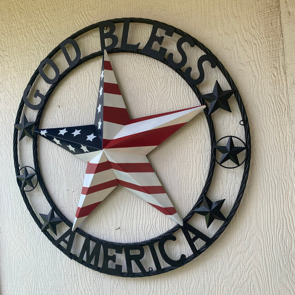 GOD BLESS AMERICA USA FLAG 3d STAR METAL BARN STAR LONE STAR TWISTED ROPE RING WALL ART WESTERN HOME DECOR RED WHITE & BLUE HANDMADE NEW #EH10490